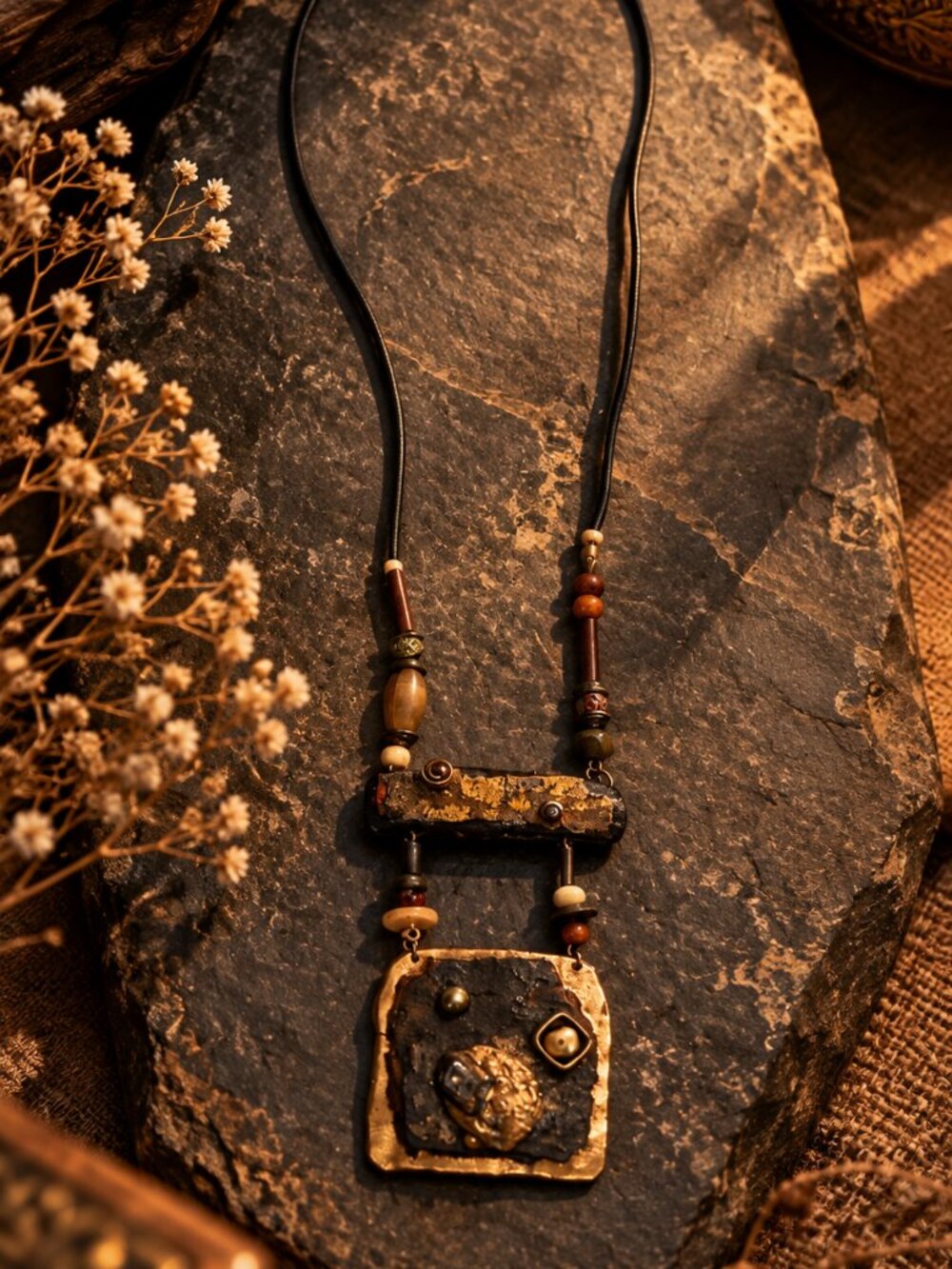 Artisan Mixed Media Statement Necklace Brutalist Modernist Pendant